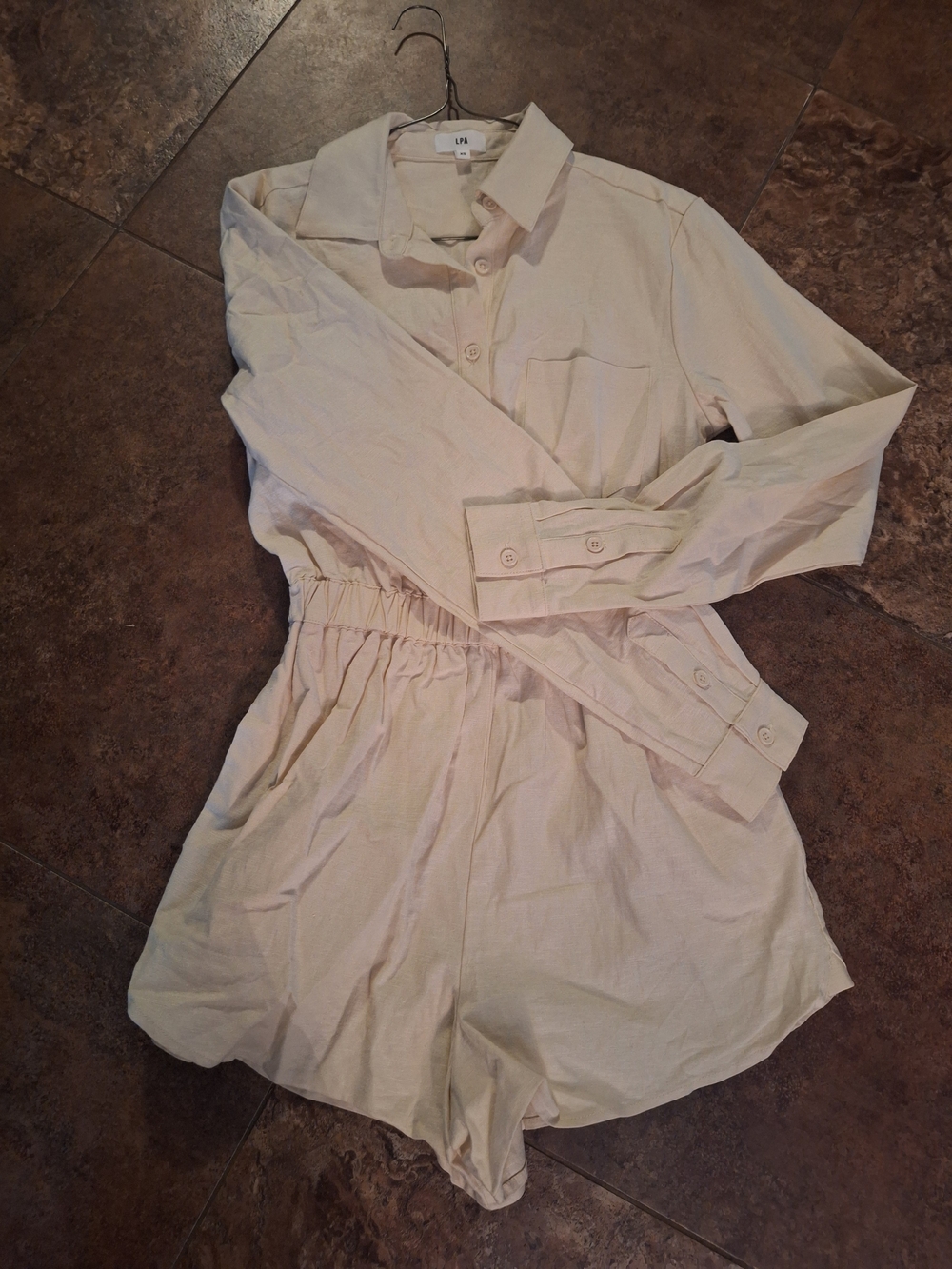 LPA Utility Linen Blend Long-Sleeve Shirt Romper XS
